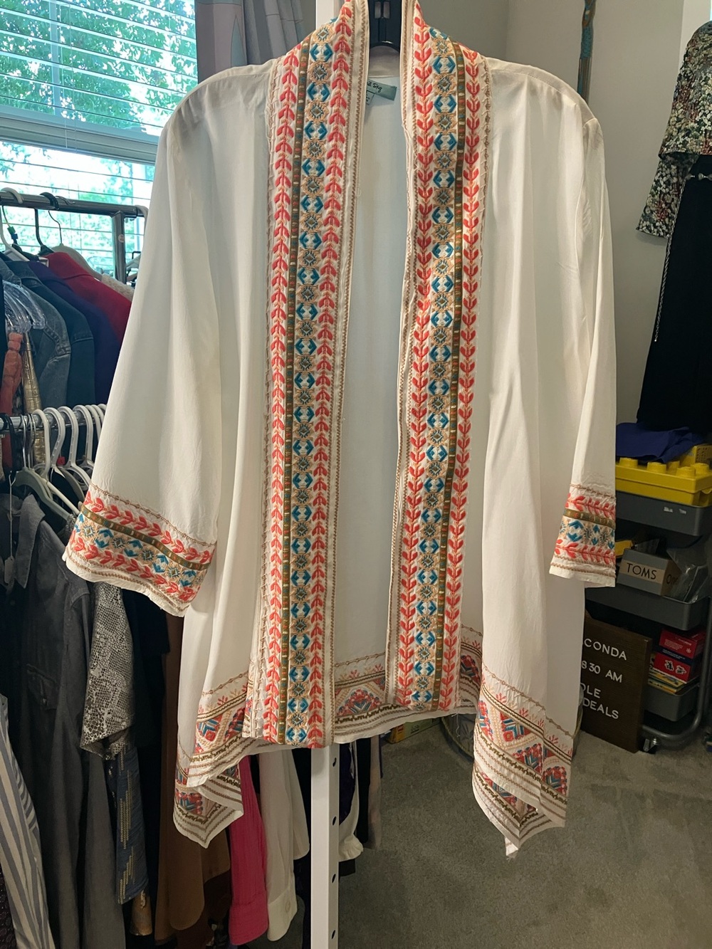 Embroidered White Open Kimono Jacket with Coral & Blue Trim